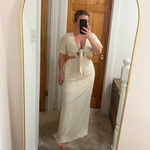 NWOT - Amazon Short Sleeve Maxi Dress Tie Front Split Hem A Line Dress, Beige